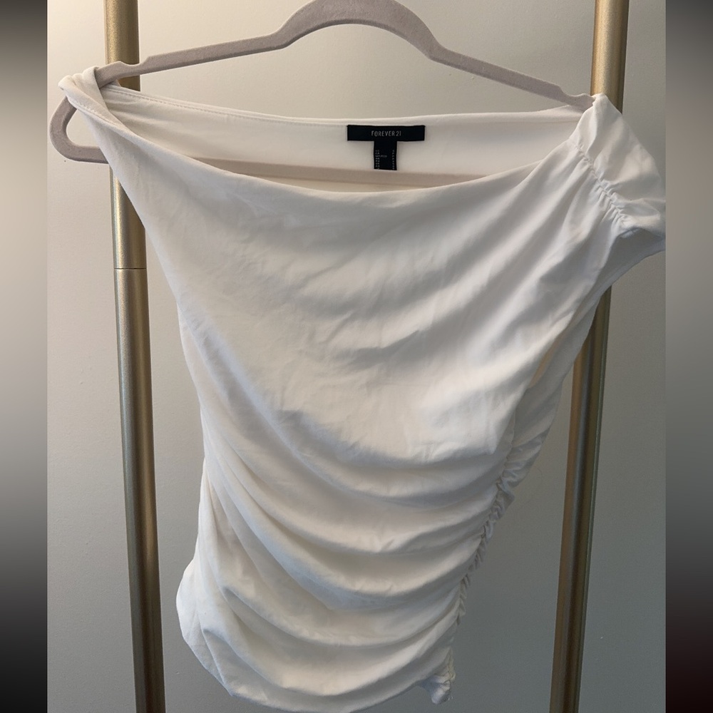 Forever 21 White Off-Shoulder Ruched Side Top